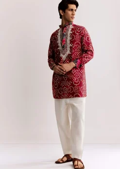 Red Silk Kurta Set With Bandhani Print