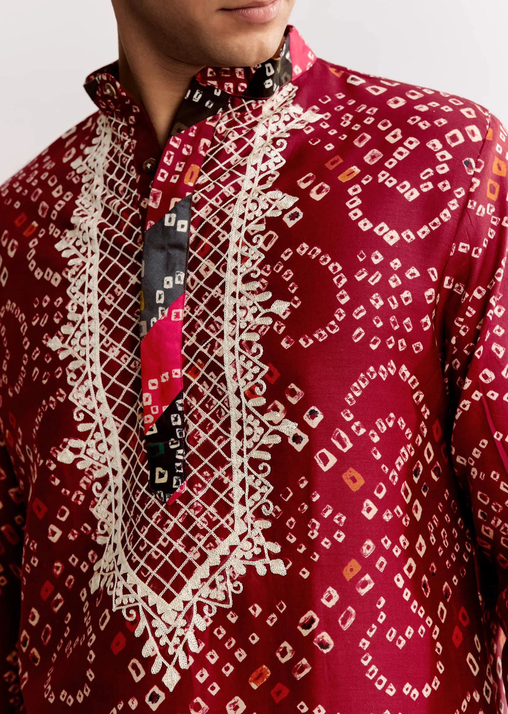 Red Silk Kurta Set With Bandhani Print