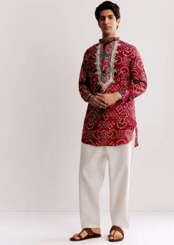 Red Silk Kurta Set With Bandhani Print