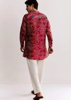 Red Silk Kurta Set With Bandhani Print