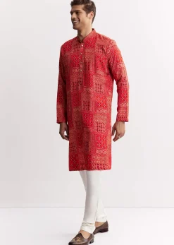 Red Silk Kurta Set With Mandarin Collar