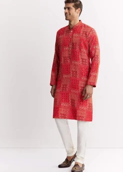 Red Silk Kurta Set With Mandarin Collar