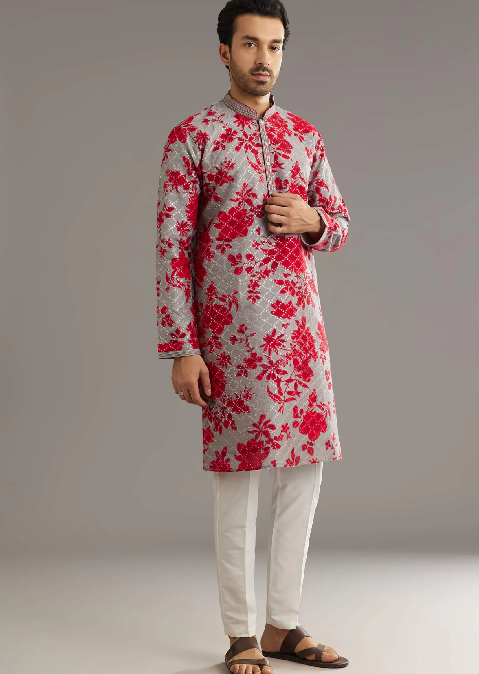 Red Silk Kurta Set With Stone Embellishment