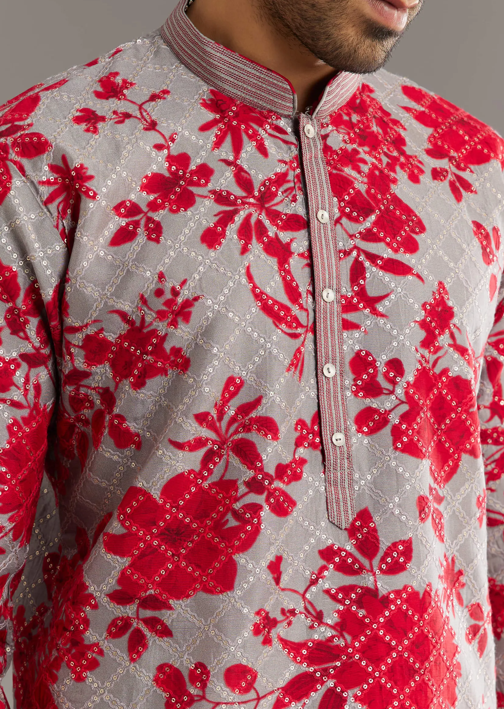 Red Silk Kurta Set With Stone Embellishment