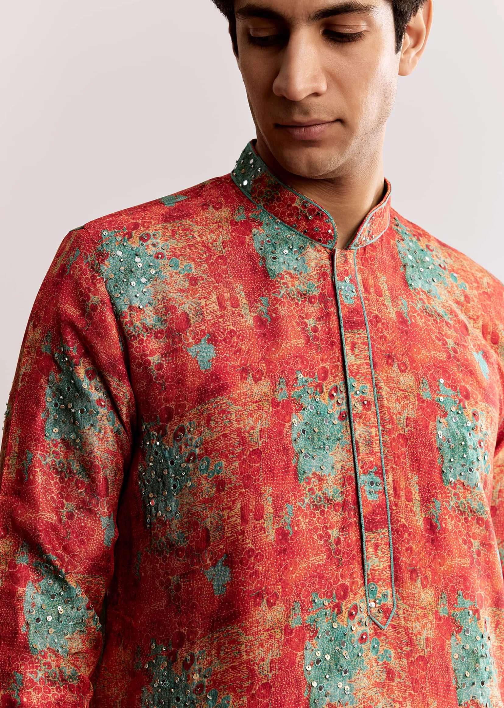 Red Silk Kurta Set With Sequins Embroidery