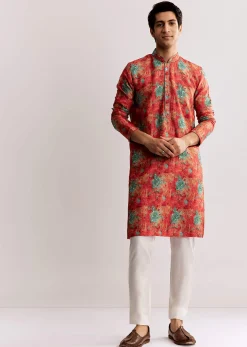 Red Silk Kurta Set With Sequins Embroidery