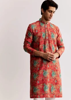 Red Silk Kurta Set With Sequins Embroidery
