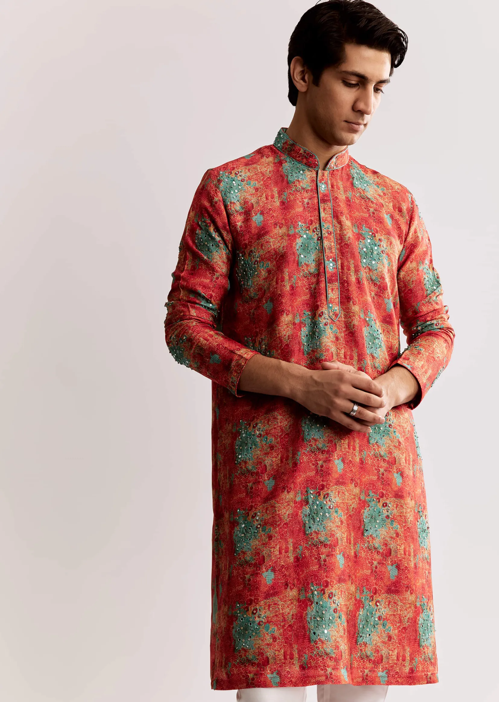 Red Silk Kurta Set With Sequins Embroidery