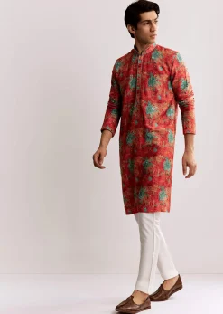 Red Silk Kurta Set With Sequins Embroidery