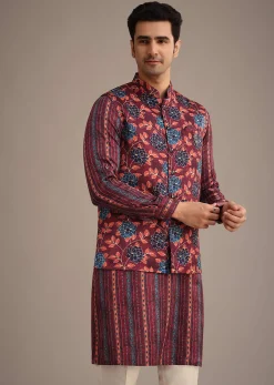 Red Silk Printed Jacket And Kurta Set