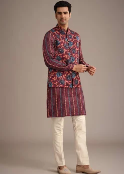 Red Silk Printed Jacket And Kurta Set