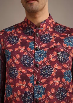 Red Silk Printed Jacket And Kurta Set