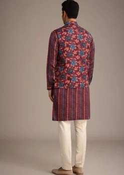 Red Silk Printed Jacket And Kurta Set