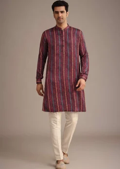 Red Silk Printed Jacket And Kurta Set