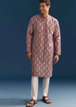 Red Silk Printed Kurta Set For Men With Thread Embroidery