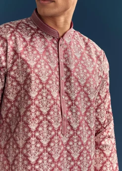 Red Silk Printed Kurta Set For Men With Thread Embroidery
