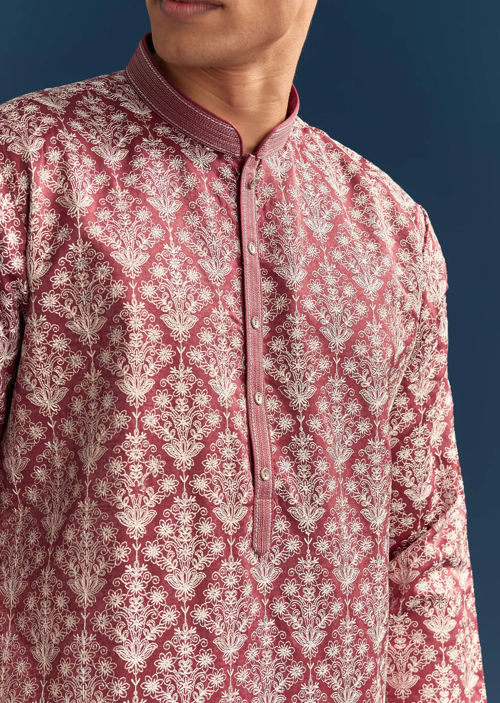 Red Silk Printed Kurta Set For Men With Thread Embroidery
