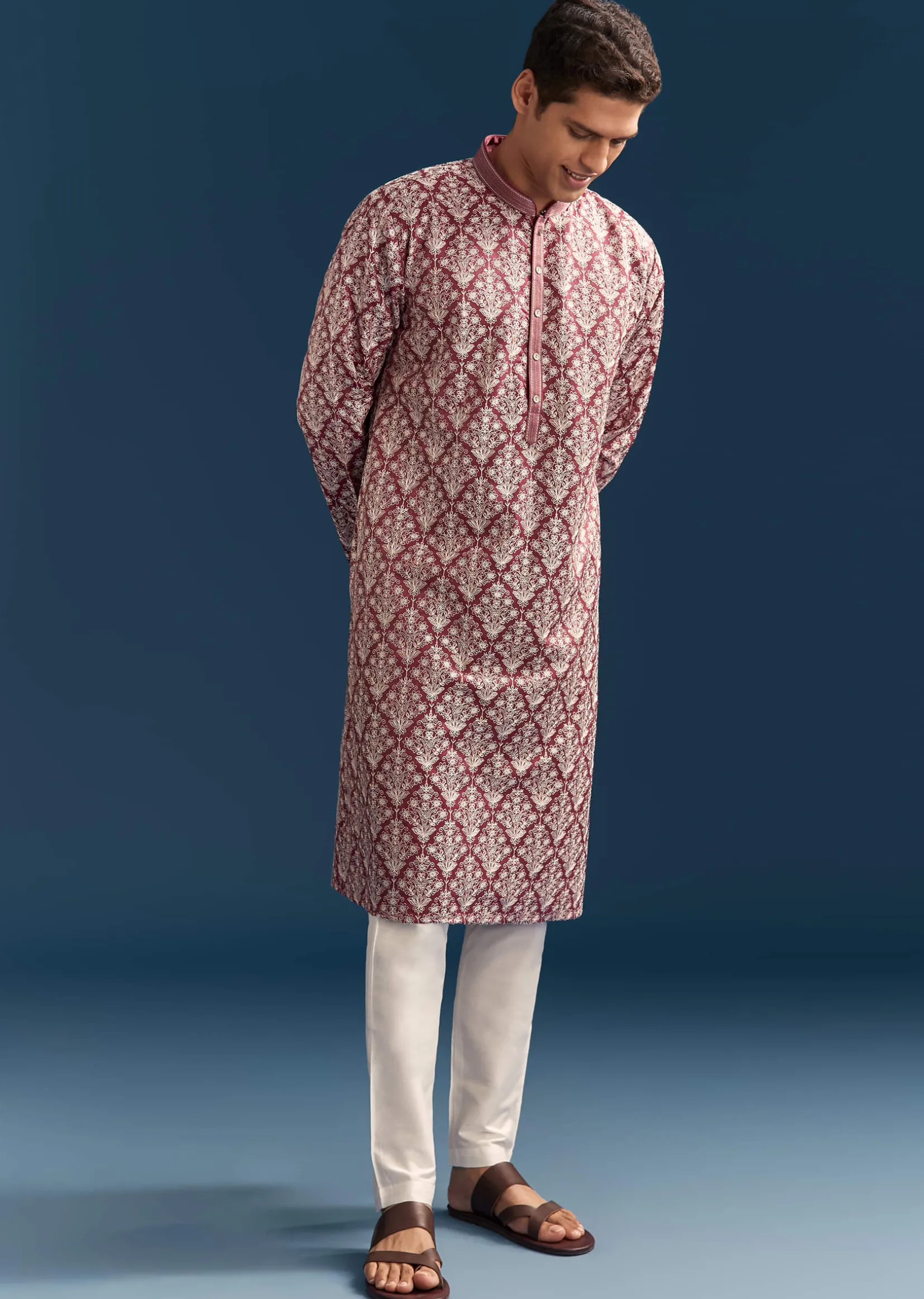 Red Silk Printed Kurta Set For Men With Thread Embroidery