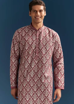 Red Silk Printed Kurta Set For Men With Thread Embroidery