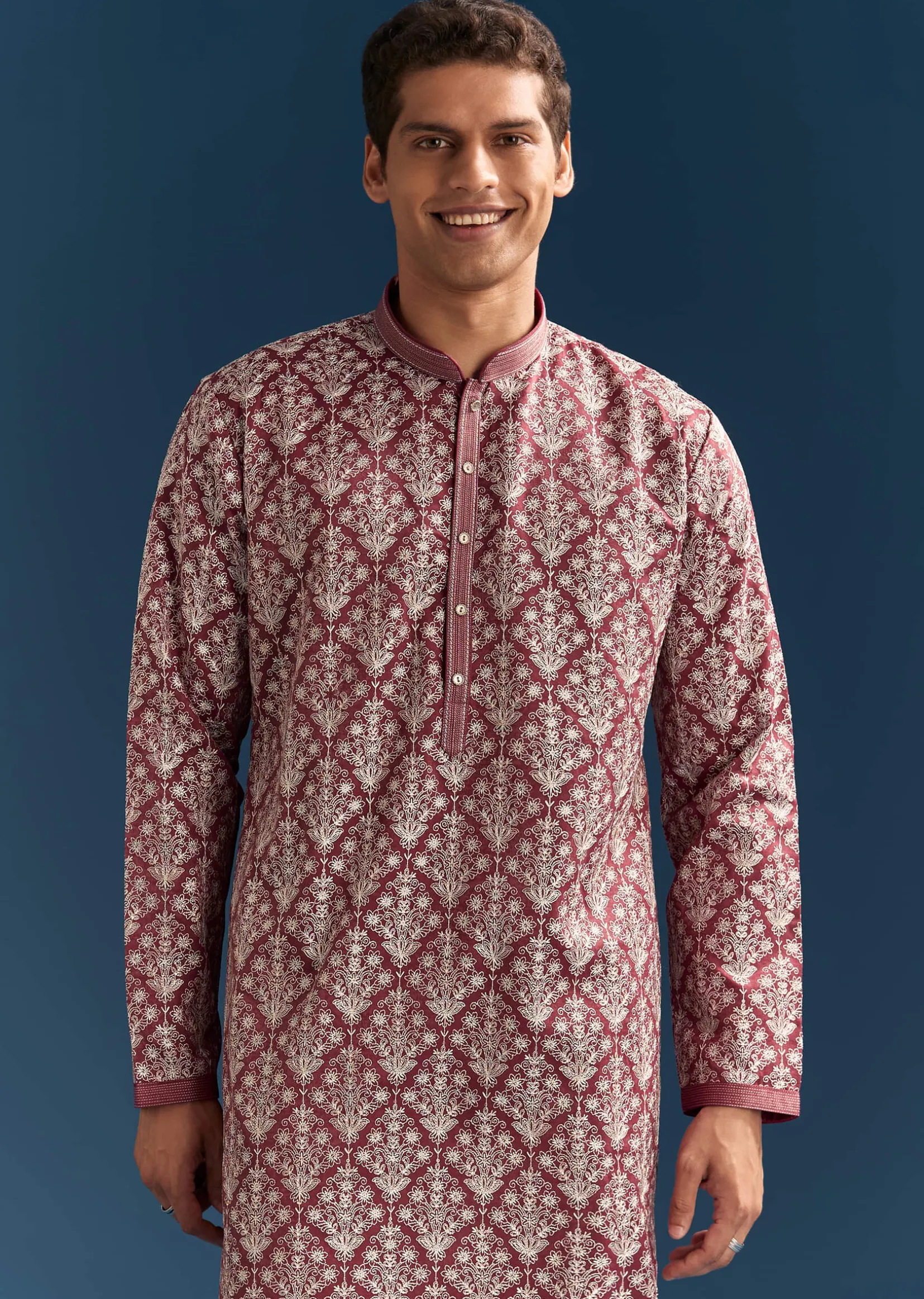 Red Silk Printed Kurta Set For Men With Thread Embroidery