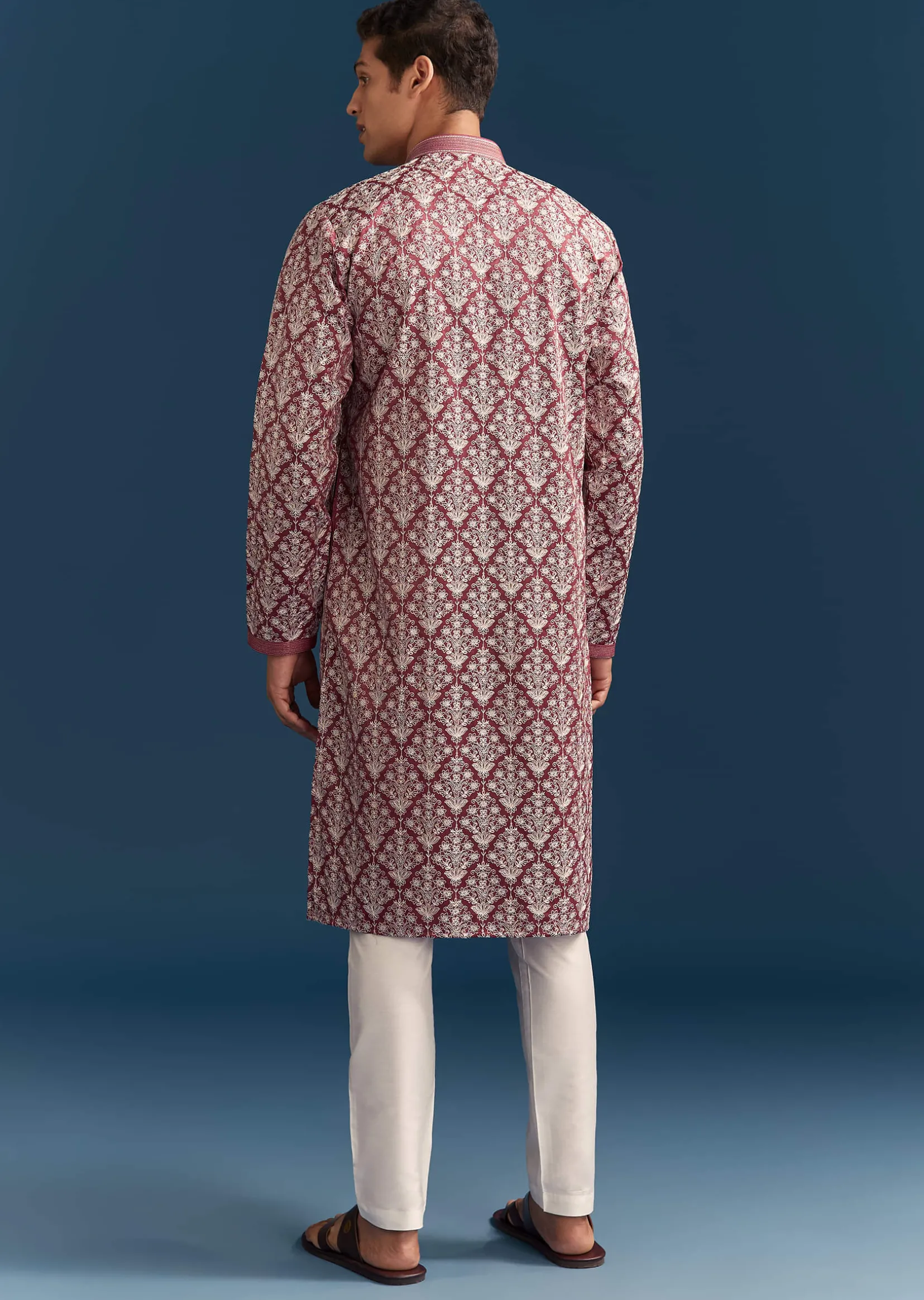 Red Silk Printed Kurta Set For Men With Thread Embroidery