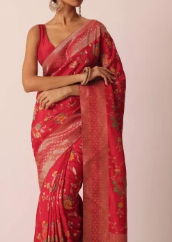 Red Silk Saree With Floral Meenakari Work And Unstitched Blouse Piece