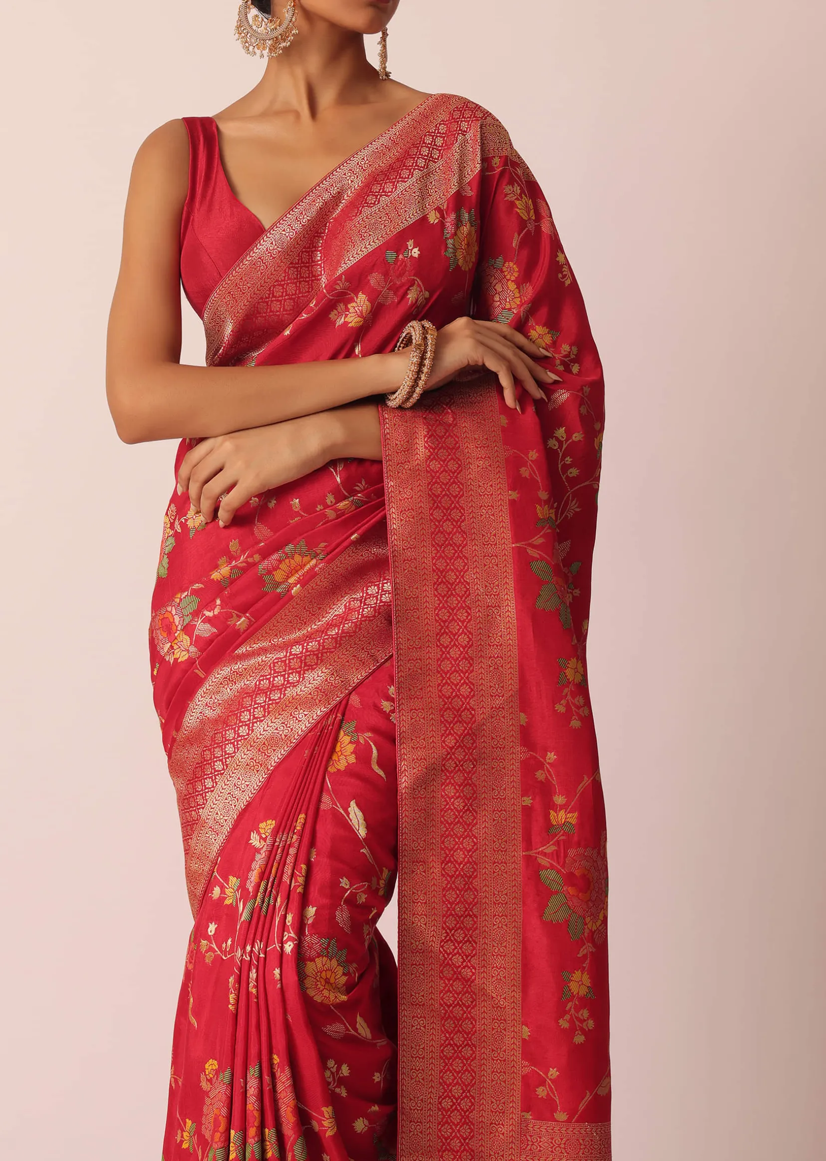 Red Silk Saree With Floral Meenakari Work And Unstitched Blouse Piece
