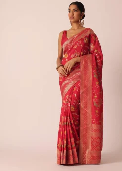 Red Silk Saree With Floral Meenakari Work And Unstitched Blouse Piece