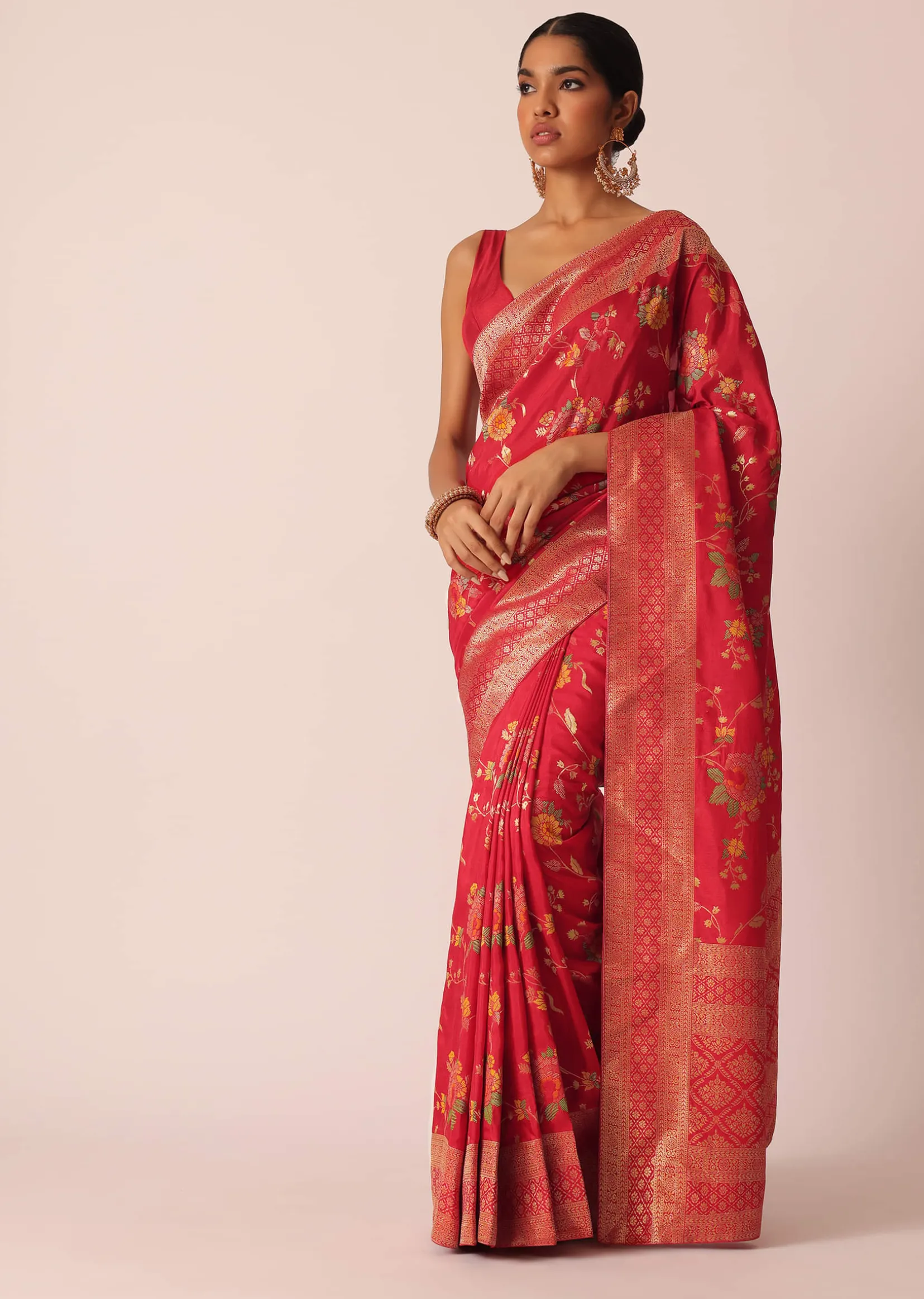 Red Silk Saree With Floral Meenakari Work And Unstitched Blouse Piece