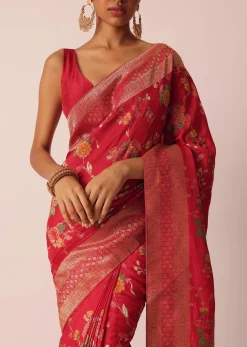 Red Silk Saree With Floral Meenakari Work And Unstitched Blouse Piece