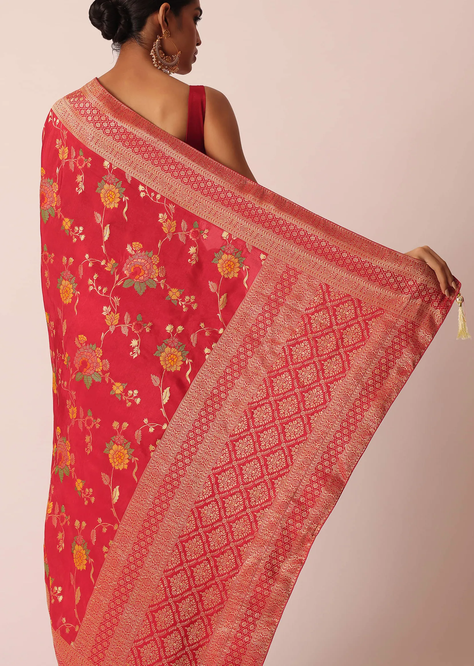 Red Silk Saree With Floral Meenakari Work And Unstitched Blouse Piece