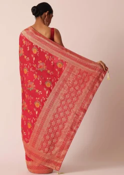 Red Silk Saree With Floral Meenakari Work And Unstitched Blouse Piece