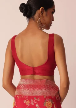Red Silk Saree With Floral Meenakari Work And Unstitched Blouse Piece