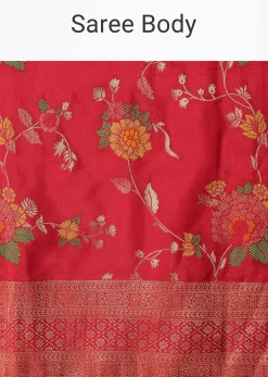 Red Silk Saree With Floral Meenakari Work And Unstitched Blouse Piece