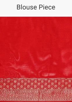 Red Silk Saree With Floral Meenakari Work And Unstitched Blouse Piece