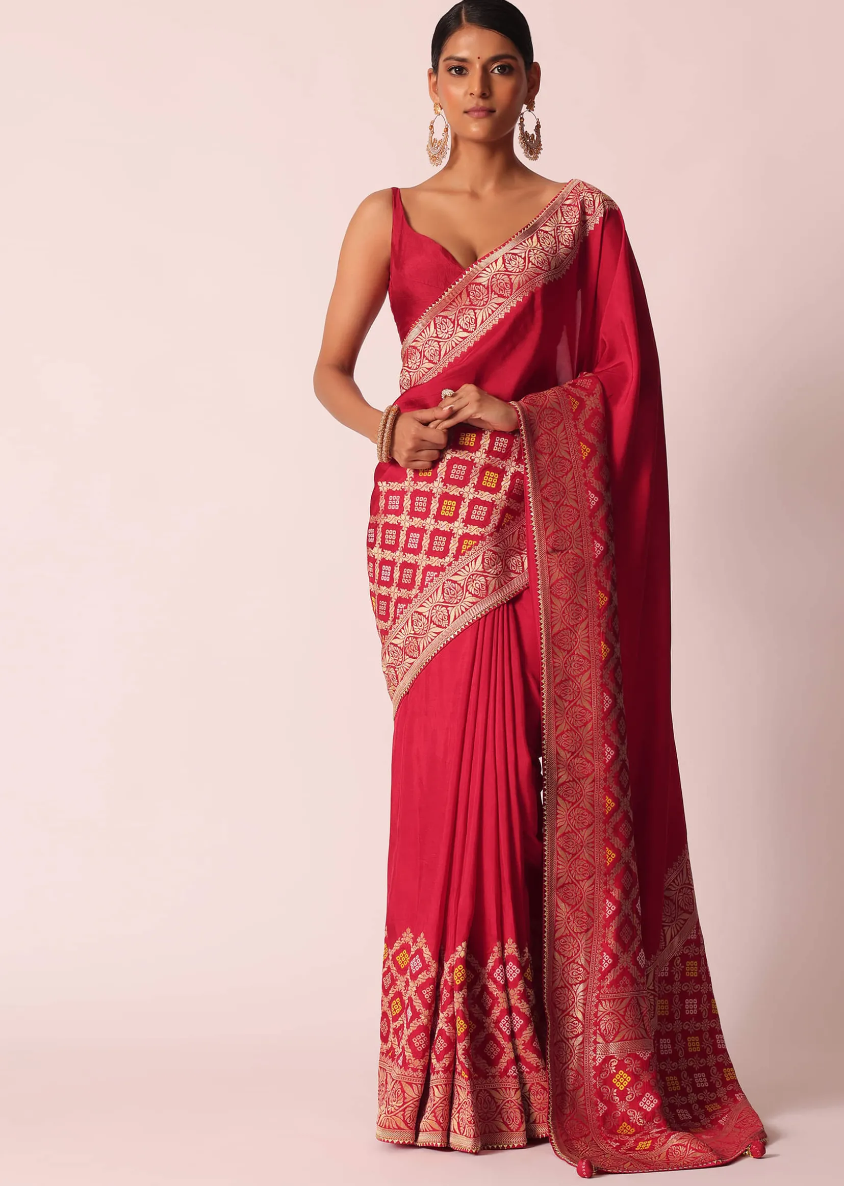 Red Silk Woven Saree With Bandhani Detail And Unstitched Blouse Piece