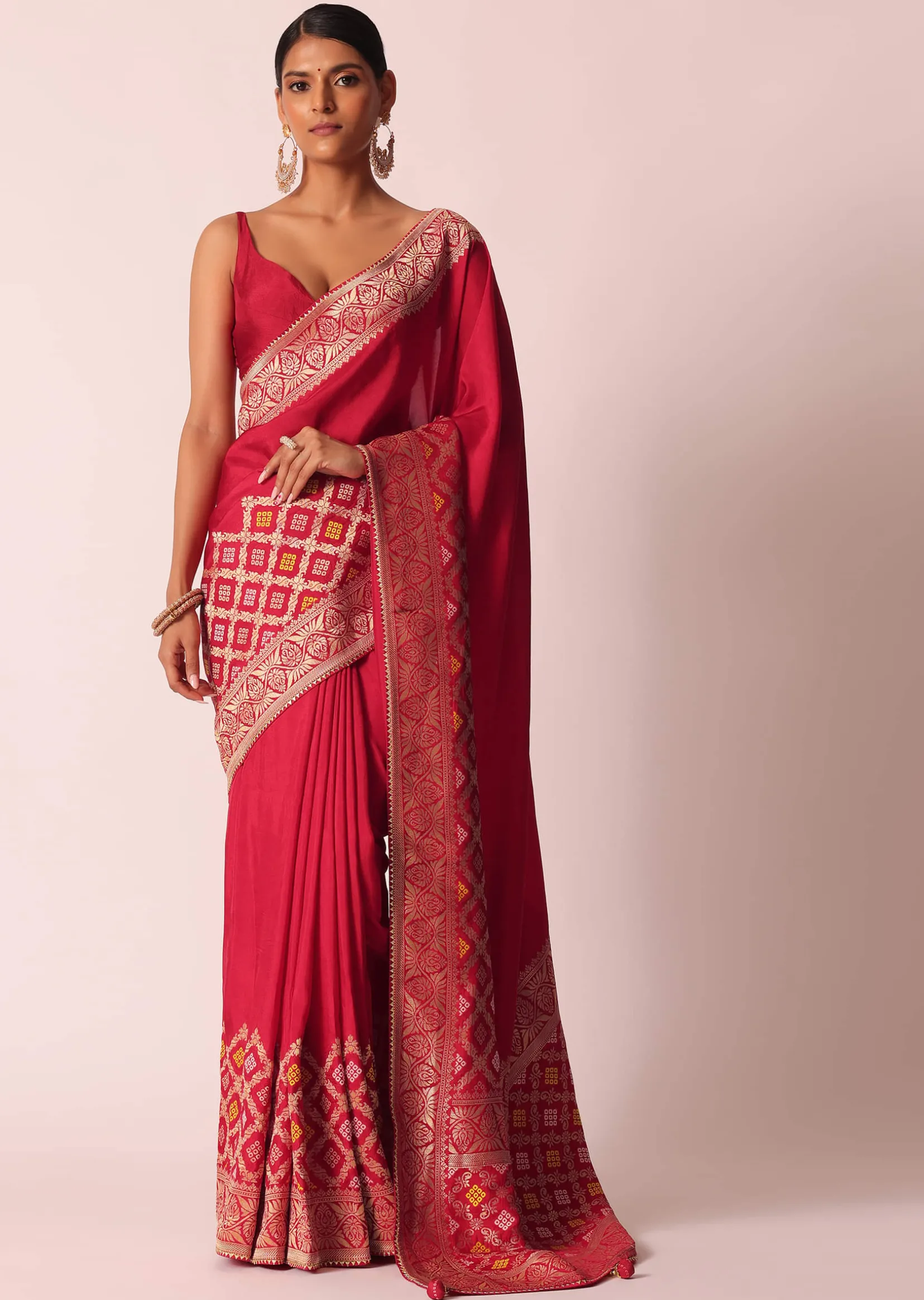 Red Silk Woven Saree With Bandhani Detail And Unstitched Blouse Piece