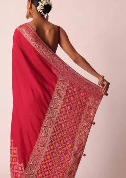 Red Silk Woven Saree With Bandhani Detail And Unstitched Blouse Piece