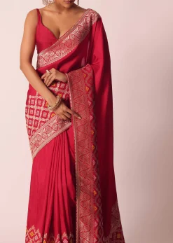 Red Silk Woven Saree With Bandhani Detail And Unstitched Blouse Piece