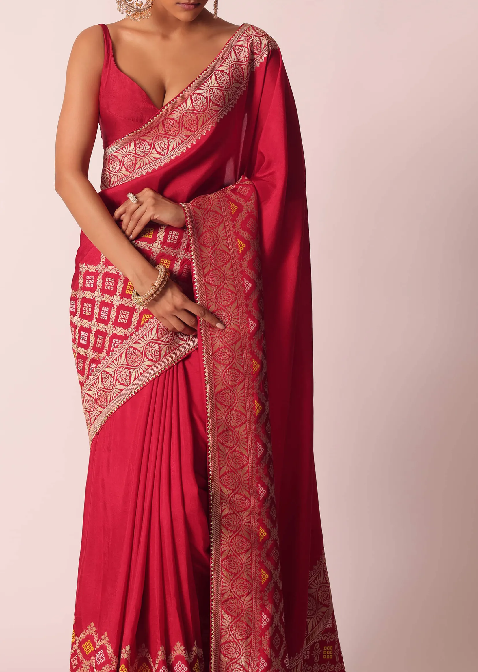 Red Silk Woven Saree With Bandhani Detail And Unstitched Blouse Piece