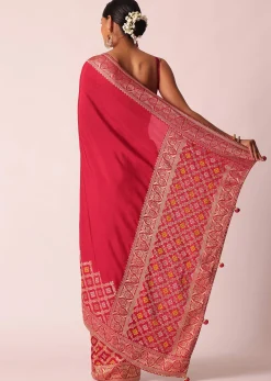 Red Silk Woven Saree With Bandhani Detail And Unstitched Blouse Piece