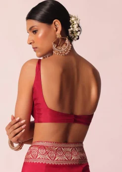 Red Silk Woven Saree With Bandhani Detail And Unstitched Blouse Piece