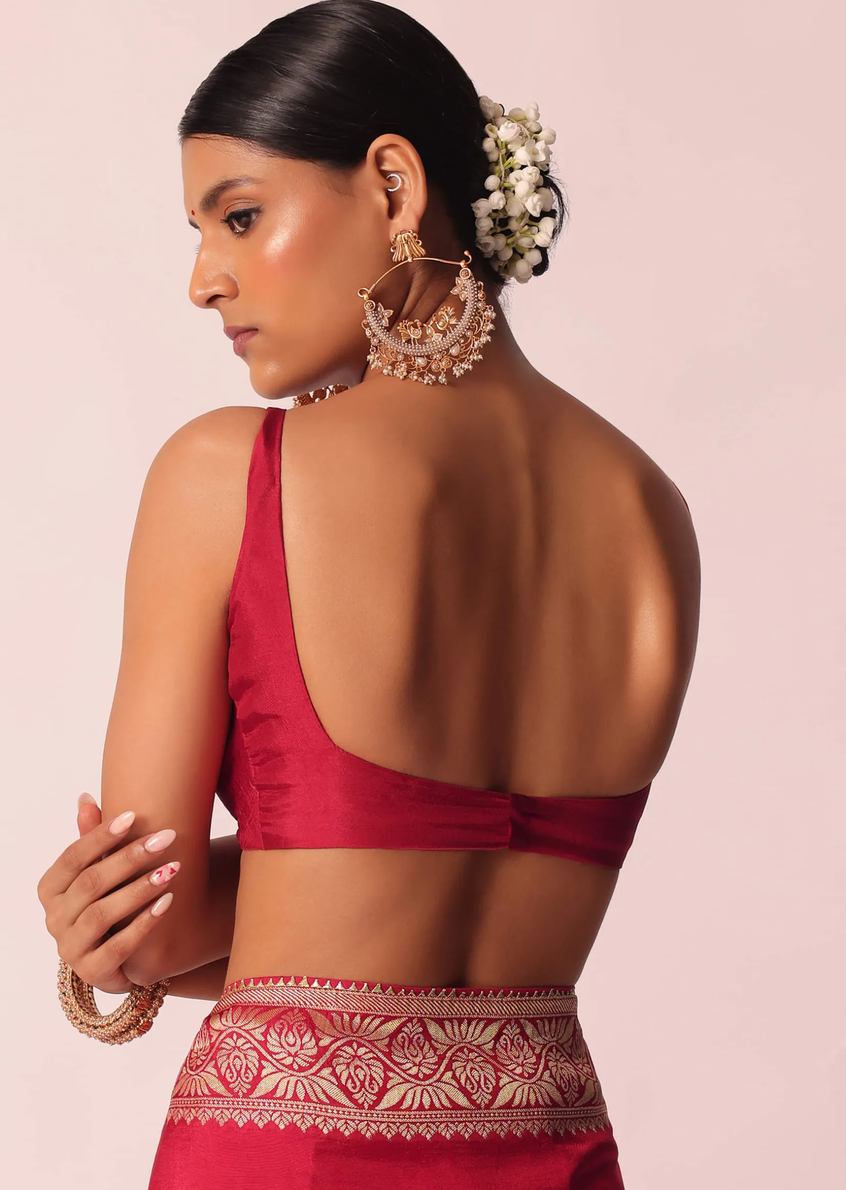 Red Silk Woven Saree With Bandhani Detail And Unstitched Blouse Piece