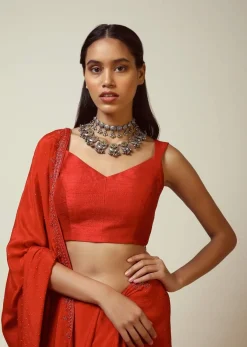 Red Sleeveless Blouse In Raw Silk With V Cut Neckline And Side Zip Closure