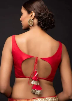 Red Sleeveless Blouse In Silk With Leaf Cut Neckline