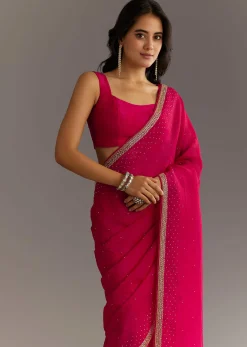 Red Stone Embellished Crushed Tissue Saree With Cutdana Embroidered Border