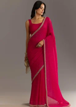 Red Stone Embellished Crushed Tissue Saree With Cutdana Embroidered Border