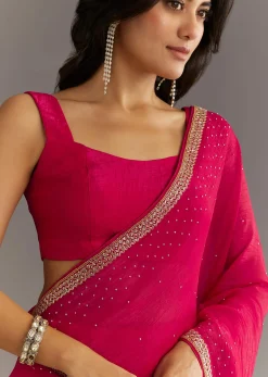 Red Stone Embellished Crushed Tissue Saree With Cutdana Embroidered Border