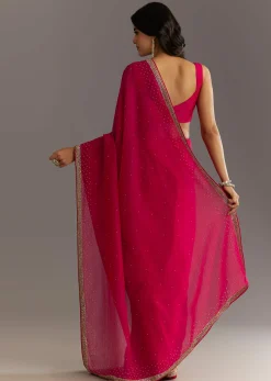 Red Stone Embellished Crushed Tissue Saree With Cutdana Embroidered Border
