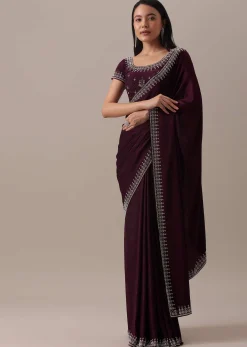 Red Stone Embellished Saree In Satin